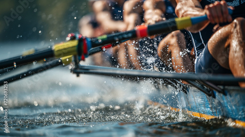 Group of People Rowing in a Boat on a Lake