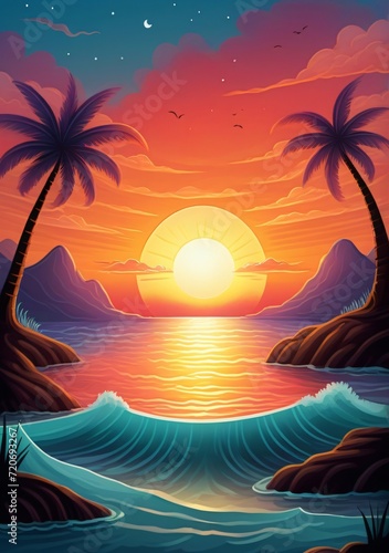 Childrens Illustration Of Fantasy Sunset Over Ocean Or Sea.