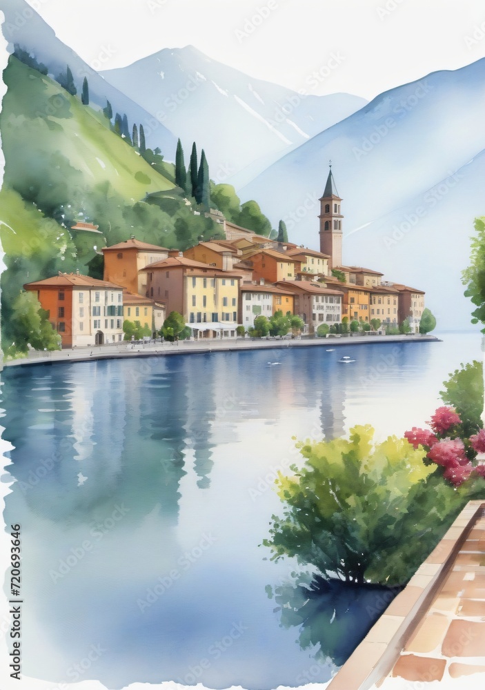 Watercolor Illustration Of Lake Como Isolated On White Background