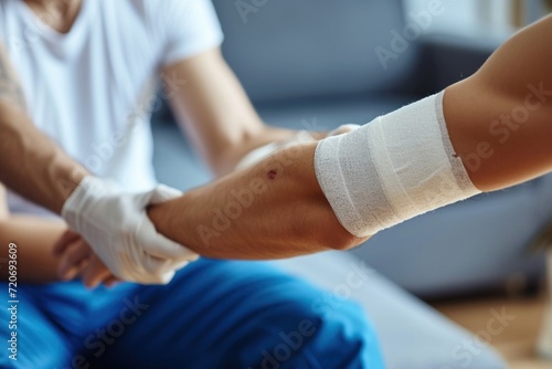 Close-up of injured man with bandage on arm and nurse photo