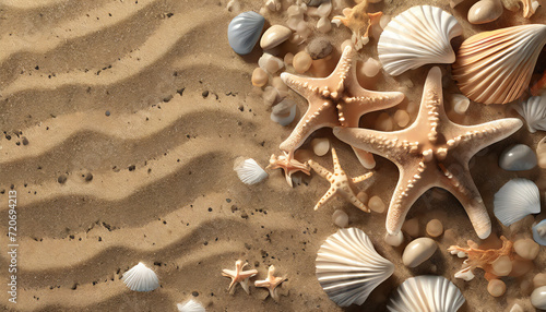 Top view of undulating sea sand  stones  shells and starfish