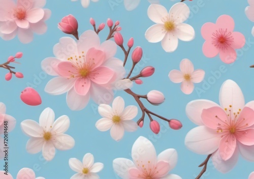 Childrens Illustration Of Valentines Day. Assorted Spring Blossoms On Pastel Blue. Floral Freshness And Beauty.