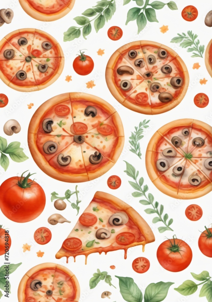Watercolor Illustration Of A Pizza With Tomatoes And Mushrooms Isolated On White Background Watercolor Illustration Of A Pizza With Tomatoes And Mushrooms Isolated On White Background
