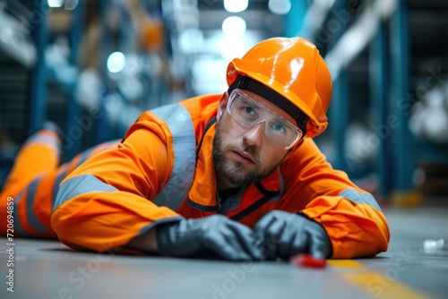 Portrait of tired worker in orange uniform lying on floor in warehouse, accident on a construction site
