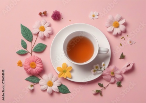 Childrens Illustration Of A Cup Of Tea And Flowers On Pink Background