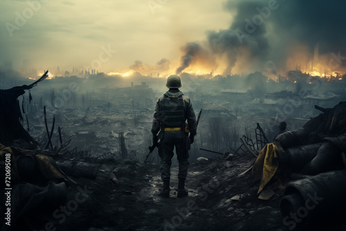 Soldier Overlooking a War-Torn Landscape