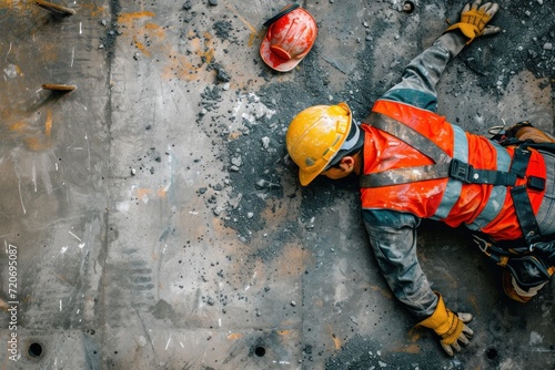 Rear view of a construction worker lying on the floor of a building, accident on a construction site