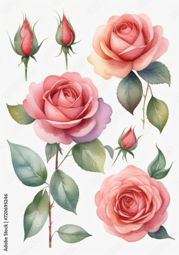 Watercolor Illustration Of A Set Of Watercolor Design Elements Of Roses Collection Isolated On White Background