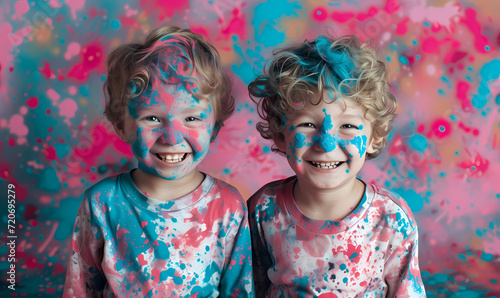 Photorealistic image of some smiling children with painted faces, Captivating innocence: dynamic close-up of diverse children splashed with colors. Generate AI