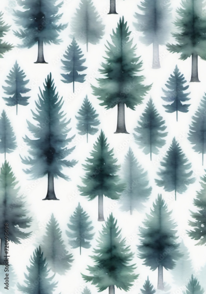 Obraz premium Watercolor Illustration Of A Seamless Pattern With Foggy Spruce Forest Isolated On White Background