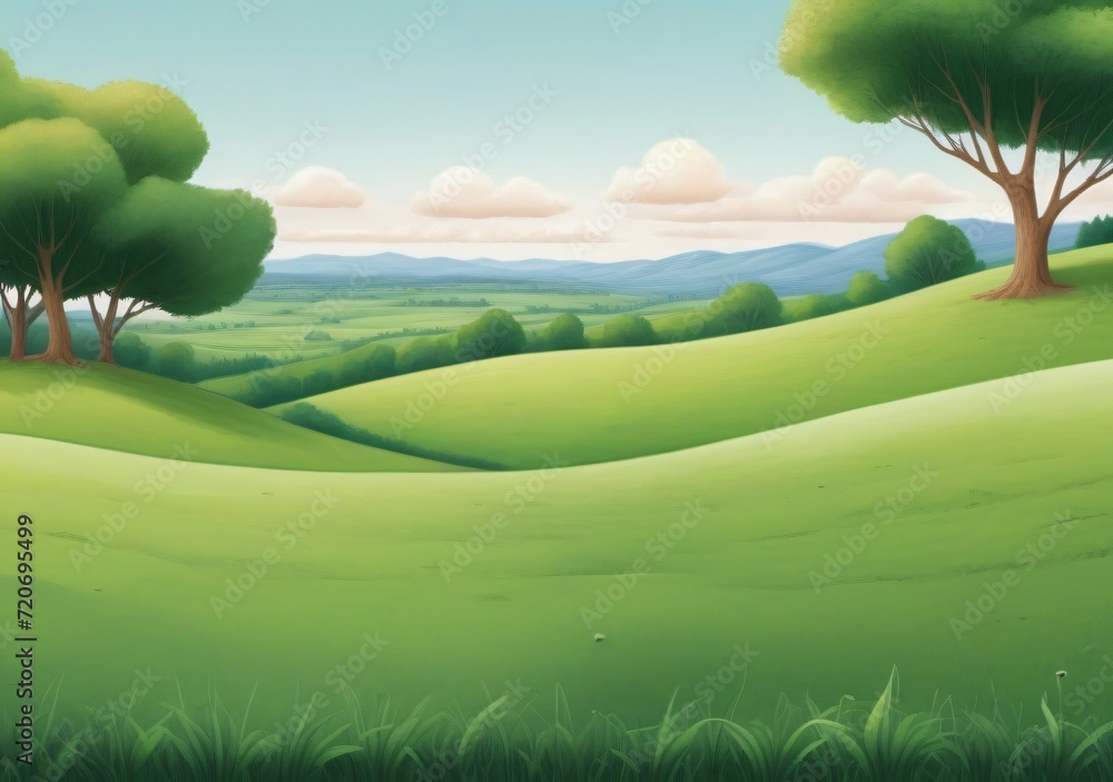 Childrens Illustration Of A Large Field Of Green Grass With Hills In The Background And Trees On The Other Side Of The Field In The Foreground.