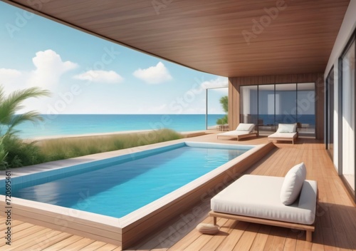 Childrens Illustration Of Luxury Beach House With Sea View Swimming Pool And Terrace In Modern Design. Empty Wooden Floor Deck At Vacation Home. 3D Illustration Of Contemporary Holiday Villa Exterior.