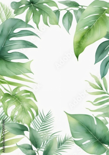 Watercolor Illustration Of A Watercolor Hand Painted Frame With Tropical Green Leaves And Branches Isolated On White Background