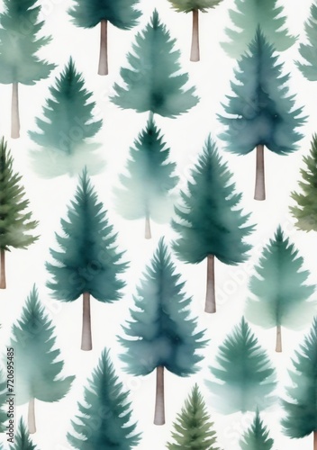 Watercolor Illustration Of A Seamless Pattern With Foggy Spruce Forest Isolated On White Background