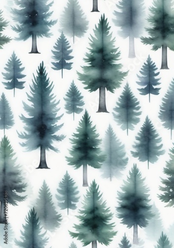Watercolor Illustration Of A Seamless Pattern With Foggy Spruce Forest Isolated On White Background