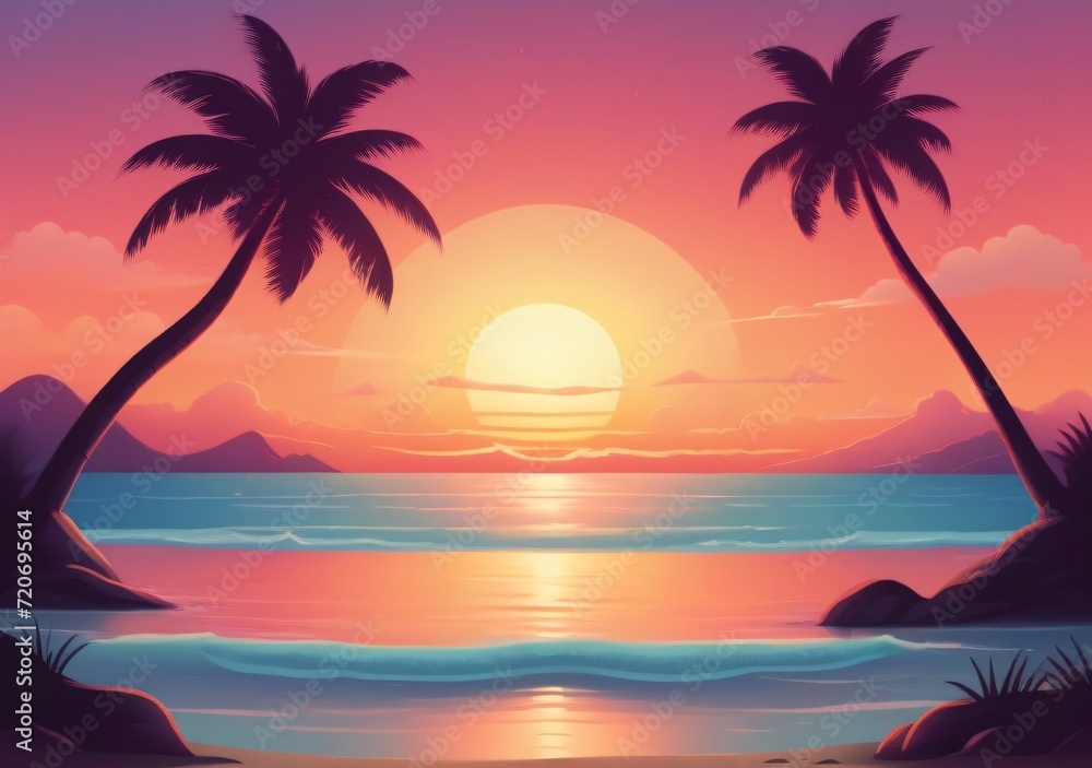 Childrens Illustration Of Serene Beach Sunset With Atmospheric Gradients Isolated Vector Style Illustration