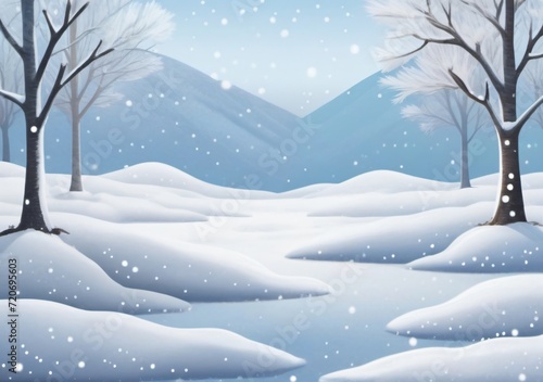 Childrens Illustration Of A Close Up Of A Snow Covered Ground With Snow Flakes On The Ground And A Snow Covered Ground With Snow Flakes On The Ground. © Pixel Matrix