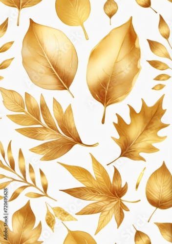 Watercolor Illustration Of Watercolor And Gold Leaves Isolated On White Background
