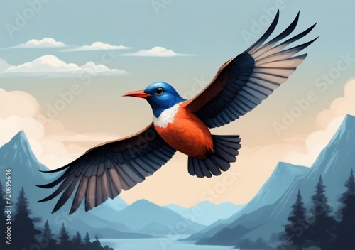 Childrens Illustration Of One Of The Birds Is Flying By Mountain Range, © Pixel Matrix