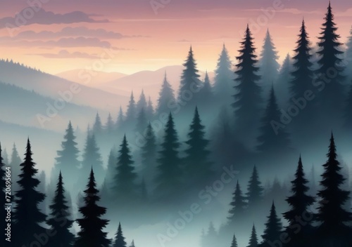 Childrens Illustration Of Foggy Landscape In A Coniferous Forest, Gloomy Autumn View Twilight Cold Evening In A Mountain Forest, Vertical Panorama Of Tall Trees