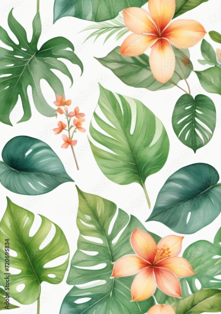 Obraz premium Watercolor Illustration Of A Watercolor Of Tropical Spring Floral Green Leaves And Flowers Isolated On White Background