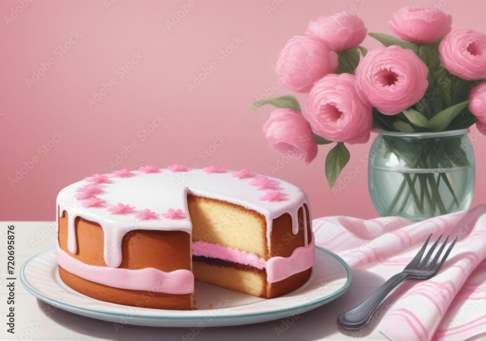 Childrens Illustration Of A Close Up Of A Cake On A Plate On A Table With Pink Flowers In The Background And A Blurry Image Of A Table Cloth With A White Table Cloth. Childrens Illustration Of A Close Up Of A Cake On A Plate On A Table With Pink Flowers In The Background And A Blurry Image Of A Table Cloth With A White Table Cloth.