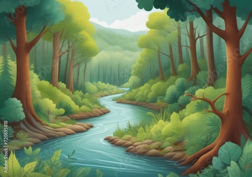 Childrens Illustration Of A River Running Through A Forest Filled With Lots Of Trees And A Forest Filled With Lots Of Trees And Lots Of Trees.