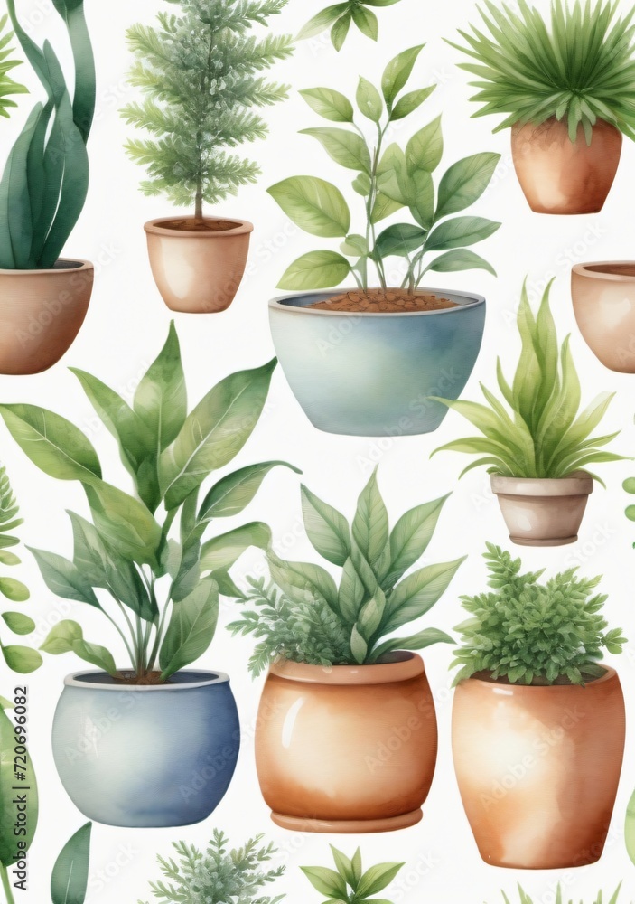 Fototapeta premium Watercolor Illustration Of A Collection Of Beautiful Plants In Ceramic Pots Isolated On White Background