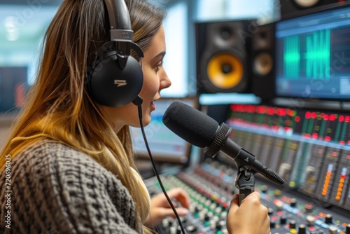 Female radio host with headphones and microphone in recording studio  recording studio