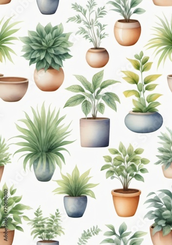 Watercolor Illustration Of A Collection Of Beautiful Plants In Ceramic Pots Isolated On White Background