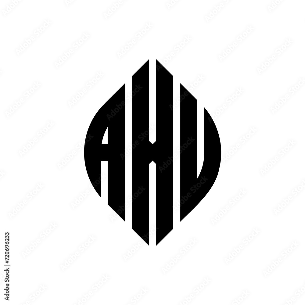 AXU circle letter logo design with circle and ellipse shape. AXU ellipse letters with typographic style. The three initials form a circle logo. AXU Circle Emblem Abstract Monogram Letter Mark Vector.