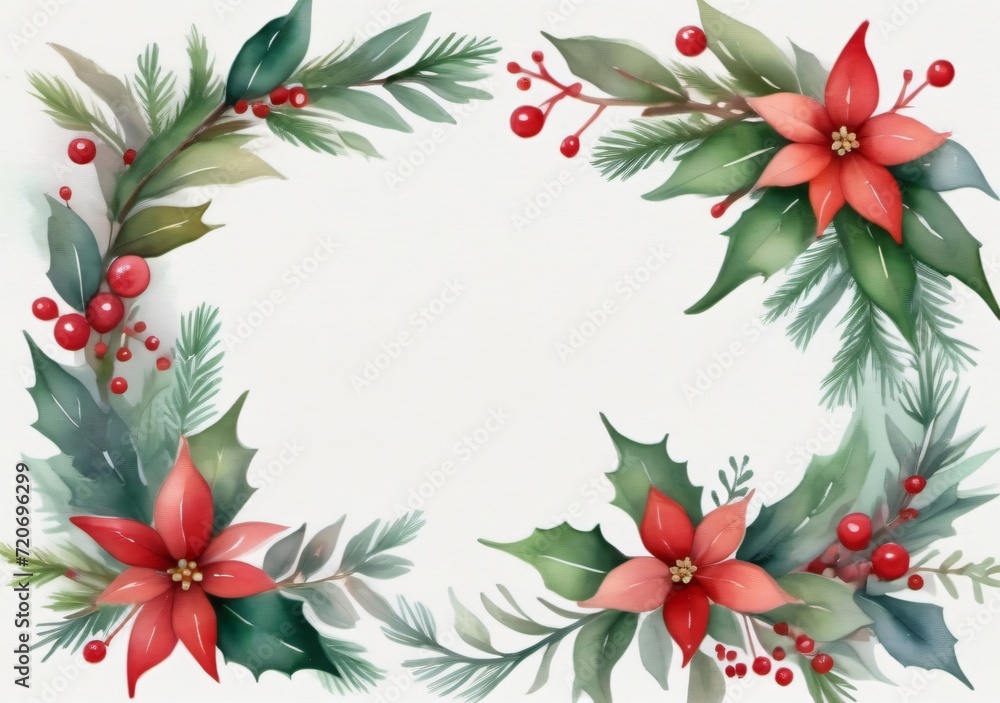 Naklejka premium Childrens Illustration Of Christmas Floral Frame. Winter Greenery Border Png. Holiday Greeting Card Template. Hand Painted Watercolor Illustration