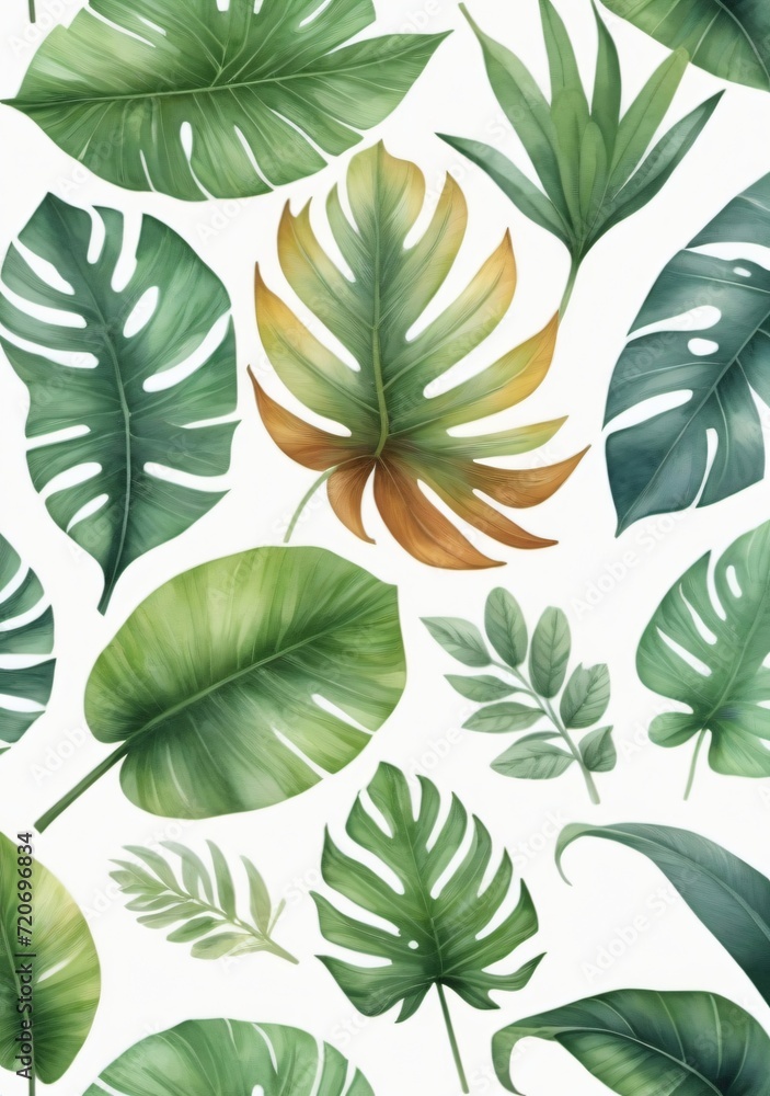 Obraz premium Watercolor Illustration Of Tropical Leaves Foliage Plant Jungle Bush Floral Arrangement Isolated On White Background