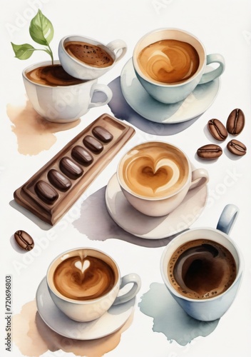 Watercolor Illustration Of A Set With Cups Of Hot Aromatic Espresso Coffee Isolated On White Background