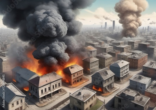 Childrens Illustration Of War, Explosions In The City, Top View. A Huge Column Of Smoke Above The Houses. Destroyed Buildings, War, Conflict,