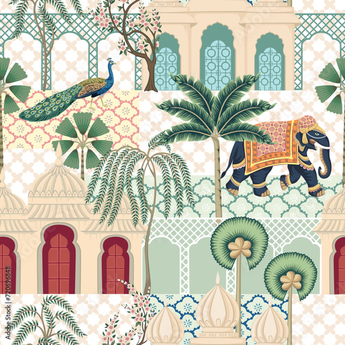 Elephant, peacock, palms and architecture in the town oriental seamless pattern. Indian wallpaper.