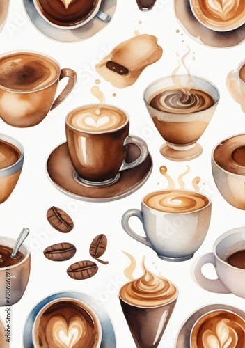 Watercolor Illustration Of A Set With Cups Of Hot Aromatic Espresso Coffee Isolated On White Background