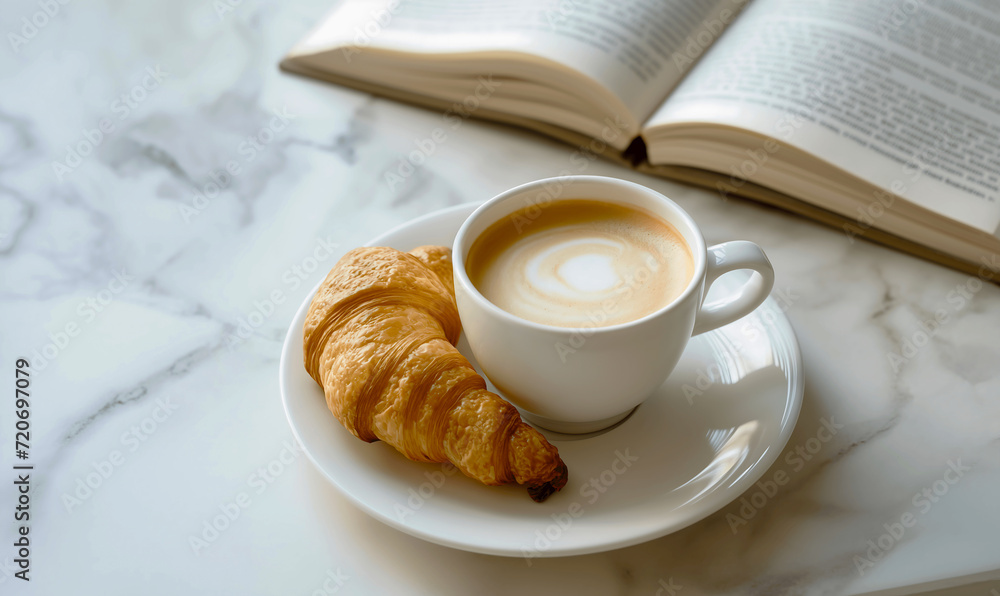 On a marble table there is a cup of latte and a croissant against the background of an open book. Universal, lightweight, bright background for websites and social networks. On a marble table there is a cup of latte and a croissant against the background of an open book. Universal, lightweight, bright background for websites and social networks.