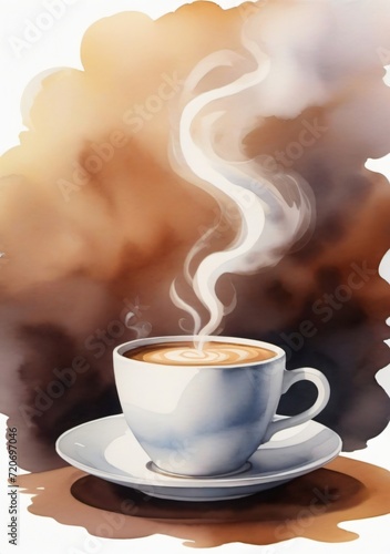 Watercolor Illustration Of A Vector Cup Of Coffee With Smoke Isolated On White Background