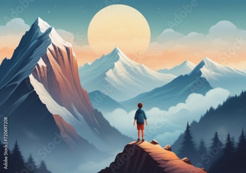 Childrens Illustration Of A Motivational Picture With A Man Standing On The Highest Mountain Peak, Symbolizing Achieving Life Goals And Leaving The Comfort Zone,