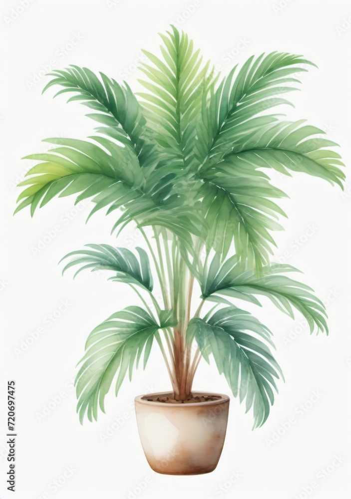 Watercolor Illustration Of A Green Areca House Plant Isolated On White Background Watercolor Illustration Of A Green Areca House Plant Isolated On White Background