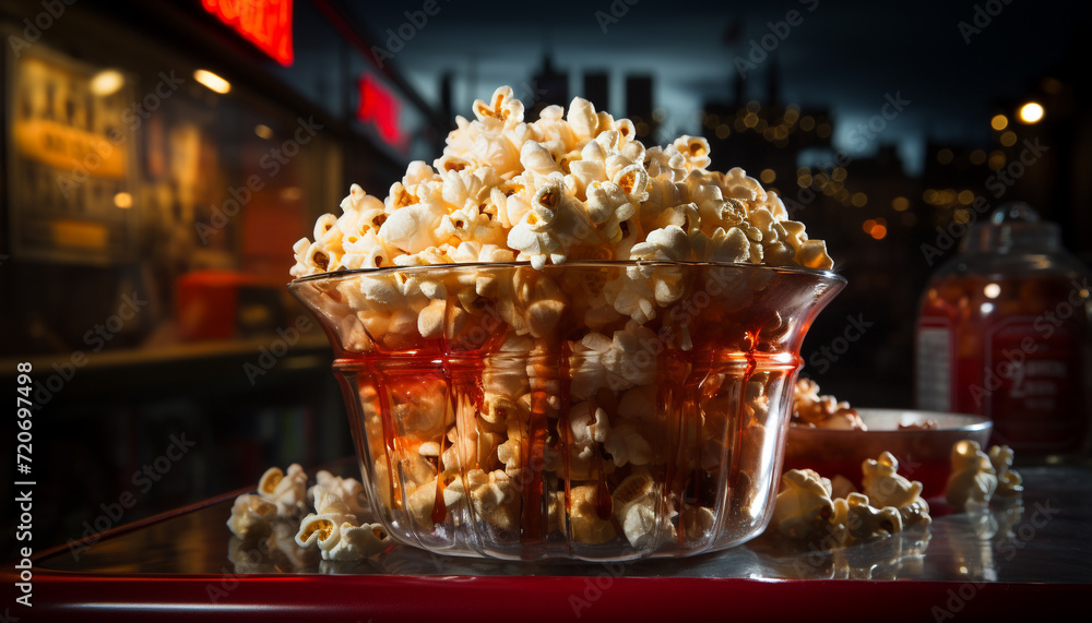 Fresh gourmet snack on wooden table at movie theater generated by AI Fresh gourmet snack on wooden table at movie theater generated by AI
