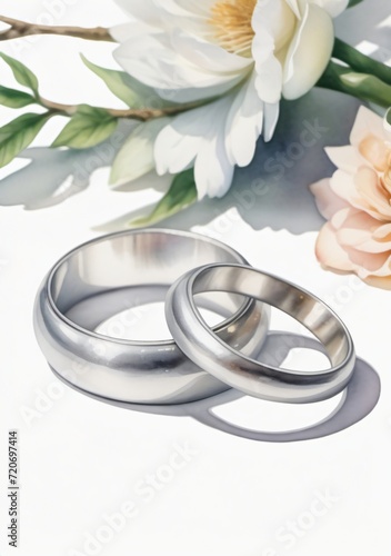 Watercolor Illustration Of An Illustration Of Two Wedding Silver Rings Isolated On White Background