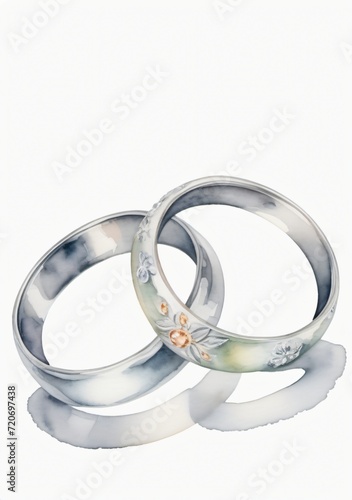Watercolor Illustration Of An Illustration Of Two Wedding Silver Rings Isolated On White Background
