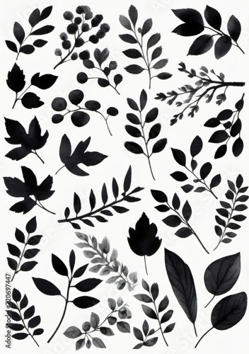 Watercolor Illustration Of A Collection Of Black Silhouettes Of Tree Branches Isolated On White Background