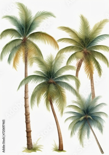 Watercolor Illustration Of A Set Of Coconut Palm Trees Isolated On White Background