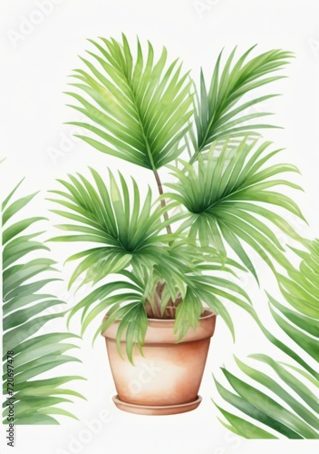 Watercolor Illustration Of A Green Areca House Plant Isolated On White Background