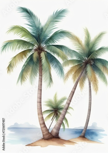 Watercolor Illustration Of A Set Of Coconut Palm Trees Isolated On White Background