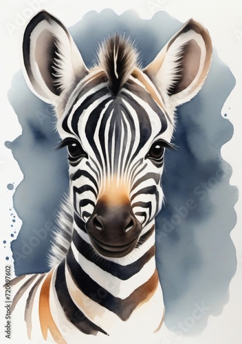 Watercolor Illustration Of A Portrait Of A Baby Zebra Cub Isolated On White Background