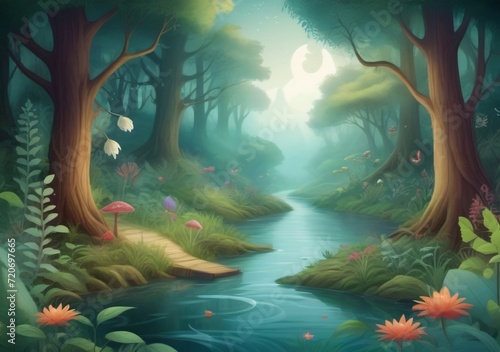 Childrens Illustration Of Enchanted Forest Scene With Mystical River And Lush Flora. Fantasy And Imagination.